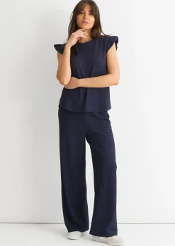 Gini London Dark Blue Textured Elastic Waist Pull On Trousers