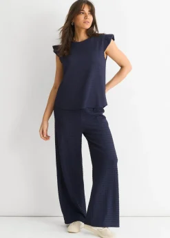 Gini London Dark Blue Textured Elastic Waist Pull On Trousers
