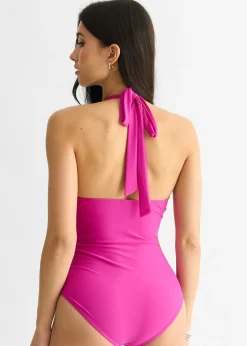 Gini London Dark Pink Twist Overlay Halter Tie Swimsuit