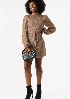 Gini London Gold High Neck Long Sleeves Belted Sequin Dress