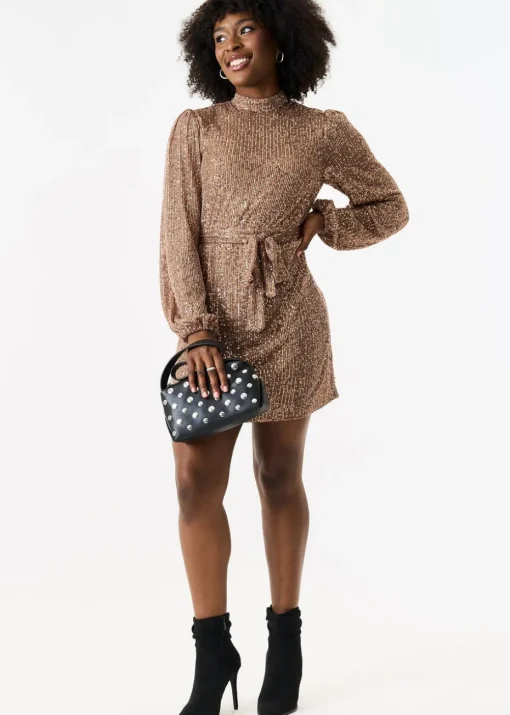 Gini London Gold High Neck Long Sleeves Belted Sequin Dress