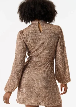 Gini London Gold High Neck Long Sleeves Belted Sequin Dress