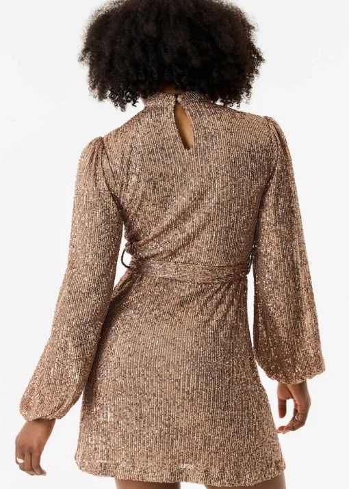 Gini London Gold High Neck Long Sleeves Belted Sequin Dress