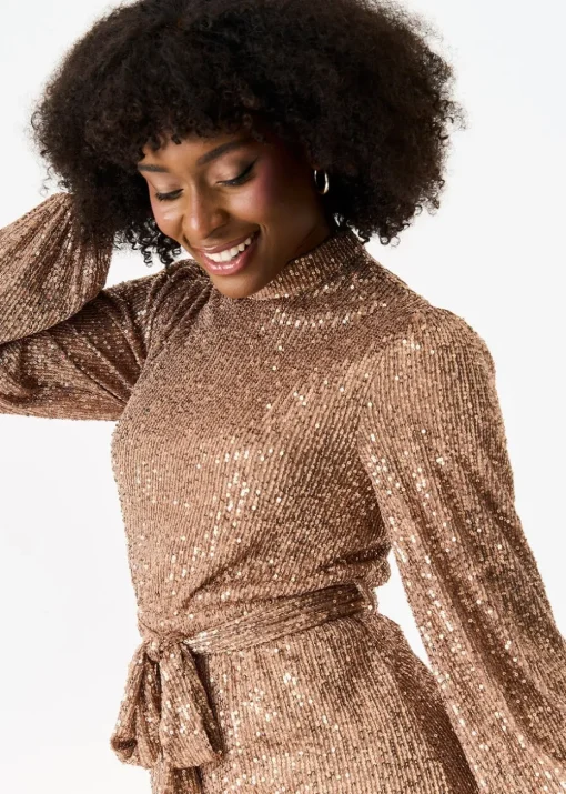 Gini London Gold High Neck Long Sleeves Belted Sequin Dress