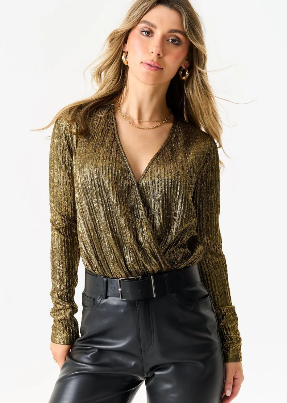 Gini London Gold Metallic Plisse Wrap Front Bodysuit