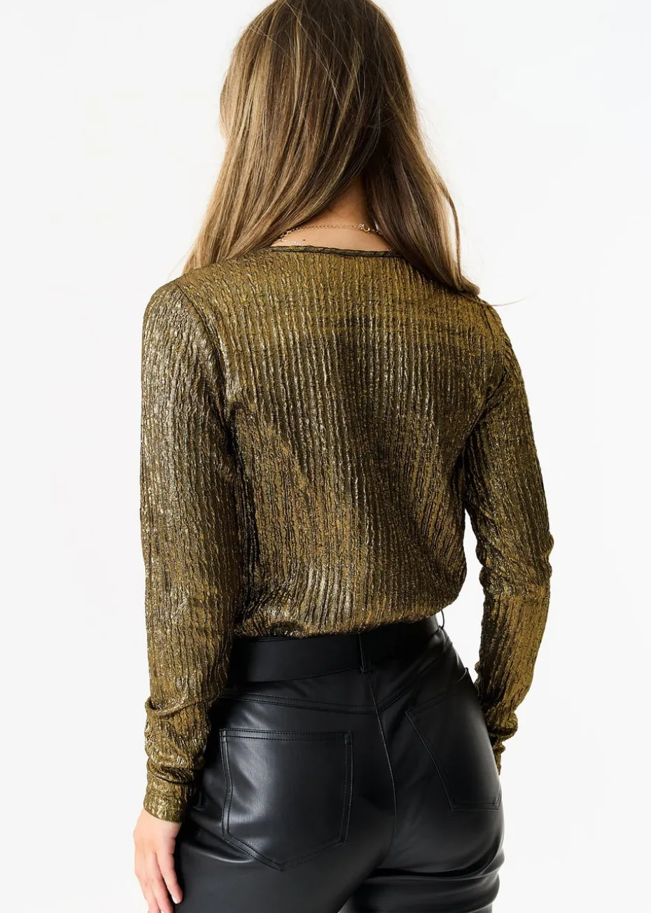 Gini London Gold Metallic Plisse Wrap Front Bodysuit