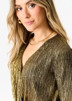 Gini London Gold Metallic Plisse Wrap Front Bodysuit