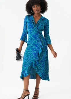 Gini London Green Animal Print Ruffle Wrap Dress