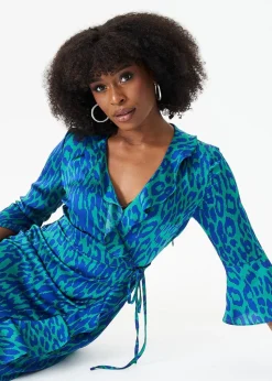Gini London Green Animal Print Ruffle Wrap Dress