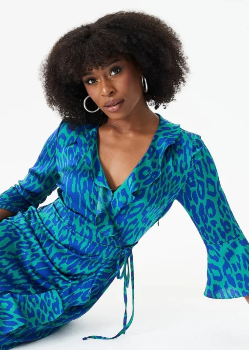 Gini London Green Animal Print Ruffle Wrap Dress