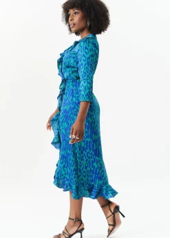 Gini London Green Animal Print Ruffle Wrap Dress