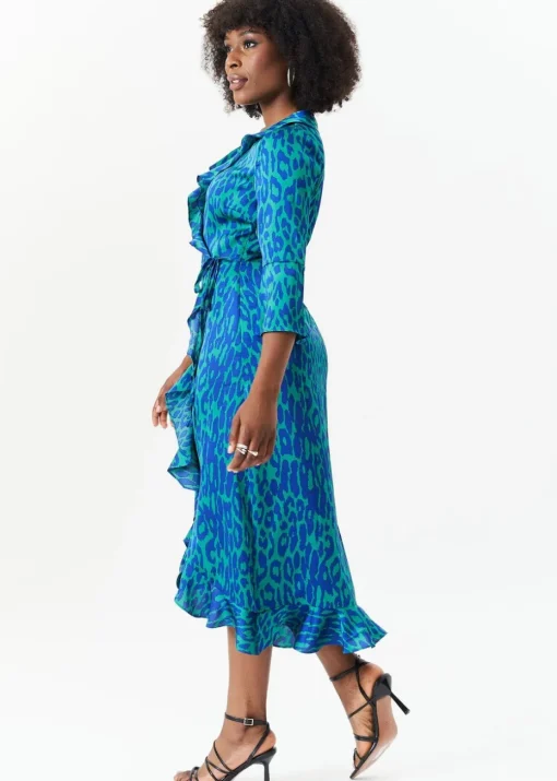 Gini London Green Animal Print Ruffle Wrap Dress