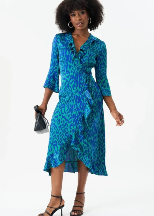 Gini London Green Animal Print Ruffle Wrap Dress