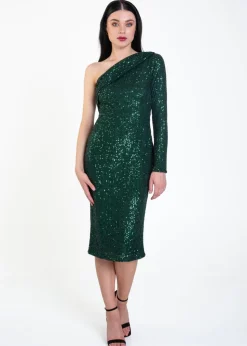Gini London Green One Shoulder Draped Sequin Midi Dress