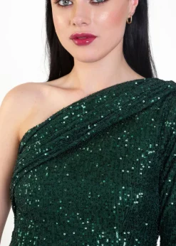 Gini London Green One Shoulder Draped Sequin Midi Dress