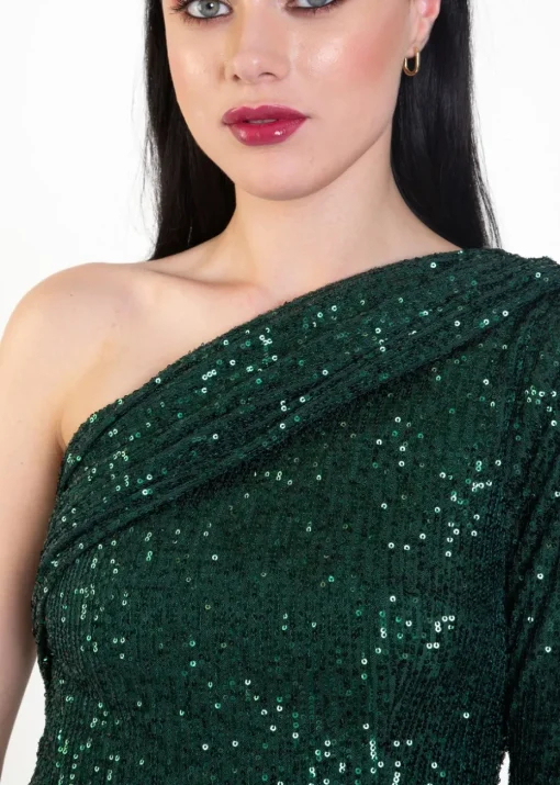 Gini London Green One Shoulder Draped Sequin Midi Dress