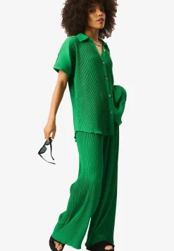 Gini London Green Plisse Loungewear Wide Leg Trousers
