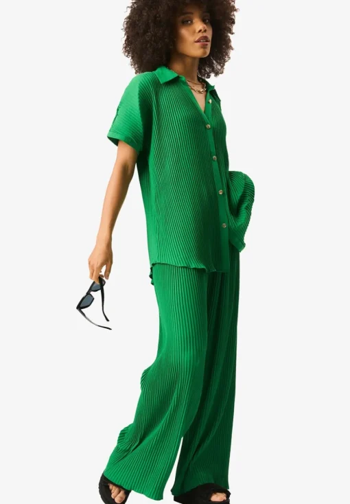 Gini London Green Plisse Loungewear Wide Leg Trousers