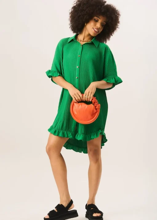 Gini London Green Plisse Frill Detail Oversized Shirt Dress