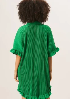 Gini London Green Plisse Frill Detail Oversized Shirt Dress