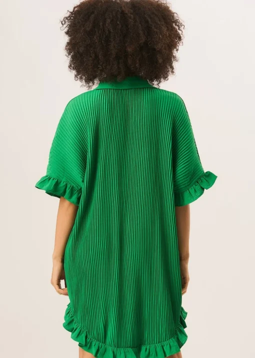 Gini London Green Plisse Frill Detail Oversized Shirt Dress
