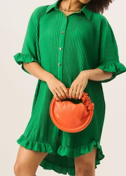 Gini London Green Plisse Frill Detail Oversized Shirt Dress