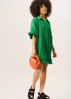 Gini London Green Plisse Frill Detail Oversized Shirt Dress