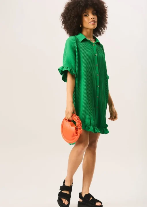 Gini London Green Plisse Frill Detail Oversized Shirt Dress
