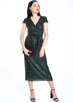 Gini London Green Sequin Belted Midi Wrap Dress