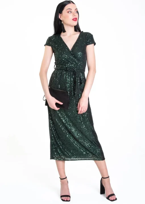 Gini London Green Sequin Belted Midi Wrap Dress
