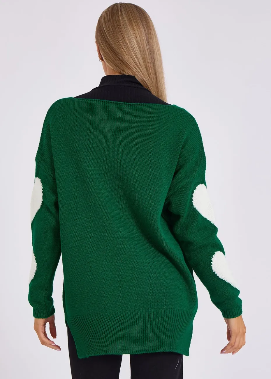 Gini London Green V Neck Oversized Heart Knit Jumper