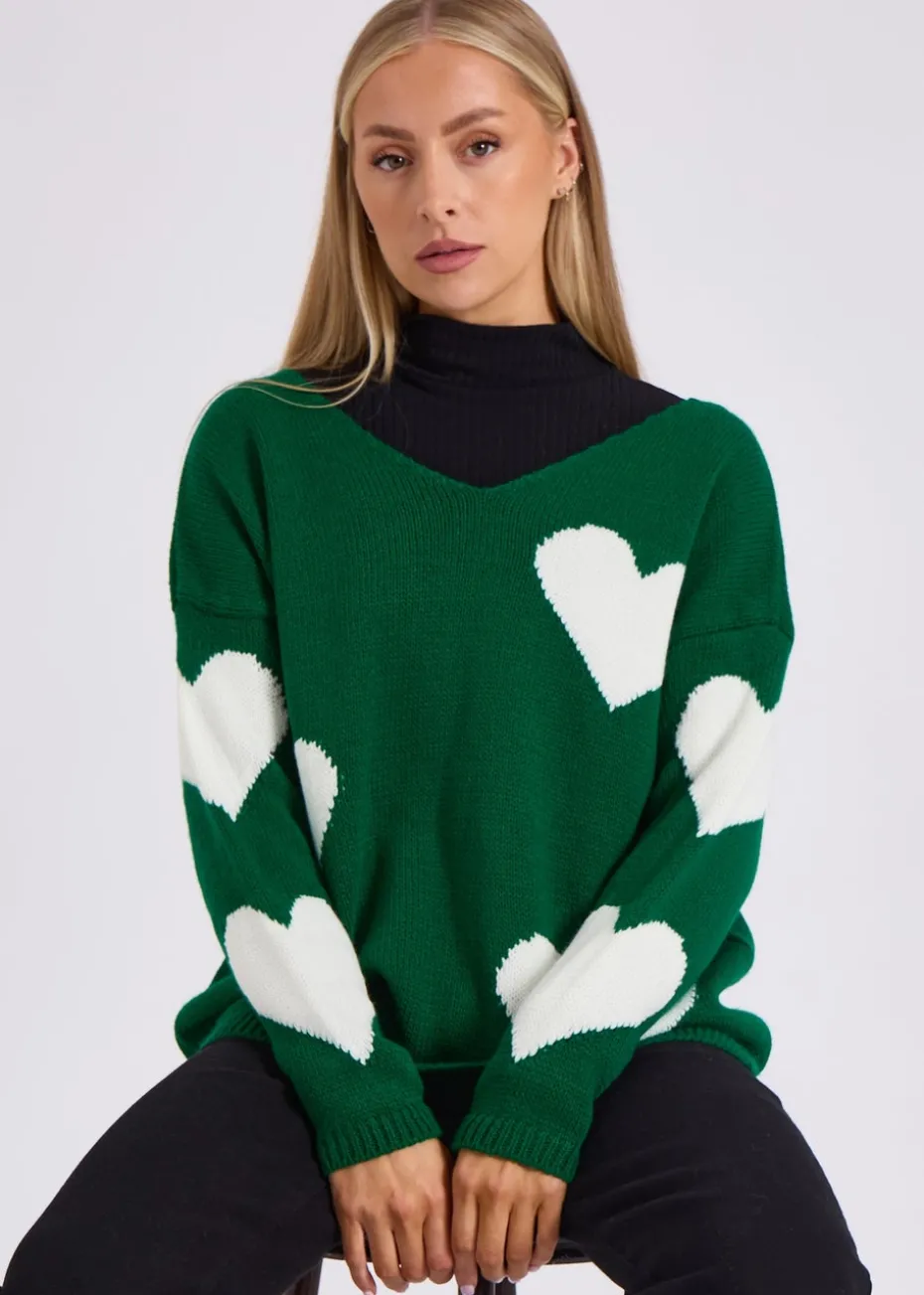 Gini London Green V Neck Oversized Heart Knit Jumper