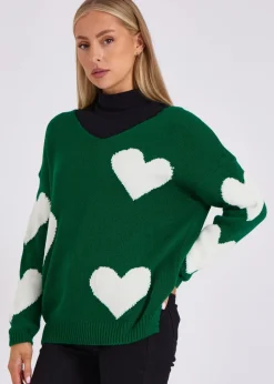 Gini London Green V Neck Oversized Heart Knit Jumper