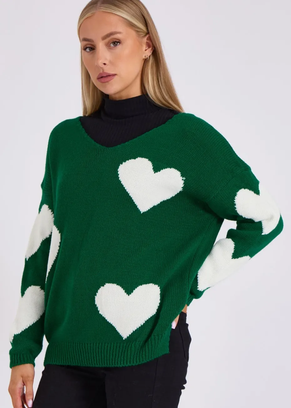 Gini London Green V Neck Oversized Heart Knit Jumper