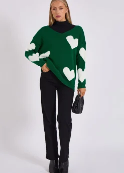 Gini London Green V Neck Oversized Heart Knit Jumper