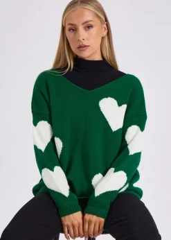 Gini London Green V Neck Oversized Heart Knit Jumper