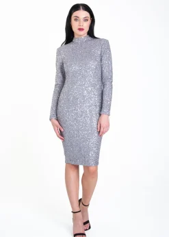 Gini London Grey Sequin High Neck Bodycon Dress