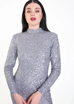 Gini London Grey Sequin High Neck Bodycon Dress