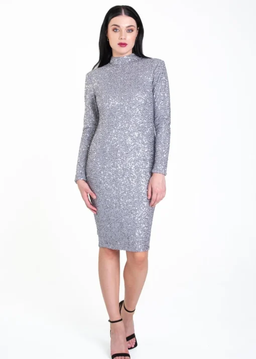 Gini London Grey Sequin High Neck Bodycon Dress