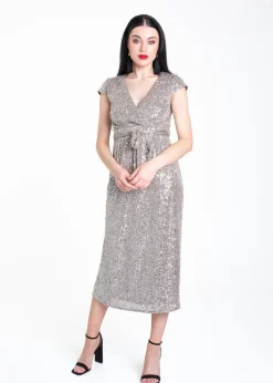 Gini London Gun Metal Sequin Belted Midi Wrap Dress
