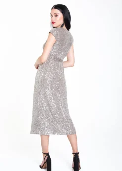 Gini London Gun Metal Sequin Belted Midi Wrap Dress