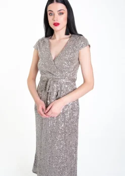 Gini London Gun Metal Sequin Belted Midi Wrap Dress