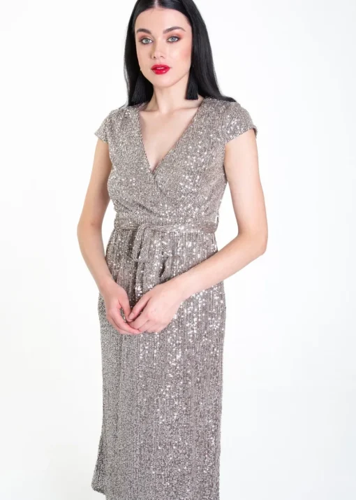 Gini London Gun Metal Sequin Belted Midi Wrap Dress