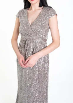 Gini London Gun Metal Sequin Belted Midi Wrap Dress