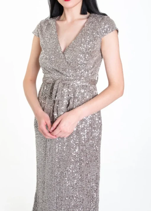 Gini London Gun Metal Sequin Belted Midi Wrap Dress