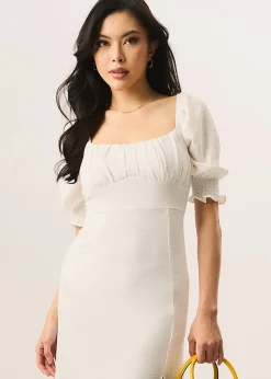 Gini London Ivory Shirred Sleeves Shift Midi Dress