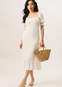 Gini London Ivory Shirred Sleeves Shift Midi Dress