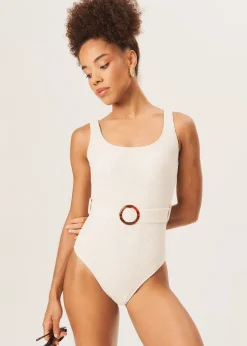 Gini London Ivory Textured Round Neck Belted Swimsuit