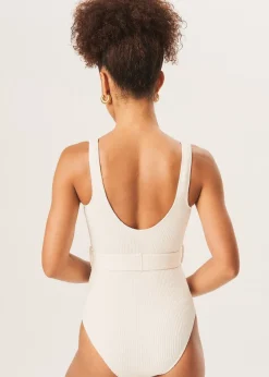 Gini London Ivory Textured Round Neck Belted Swimsuit