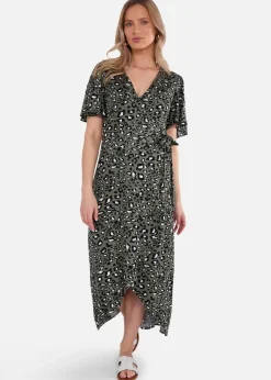 Gini London Khaki Animal Print Viscose Wrap Midi Dress